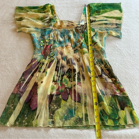 1214 ONE WORLD Gold and Blue Flutter Sleeve Blouse - Picture 4 of 8